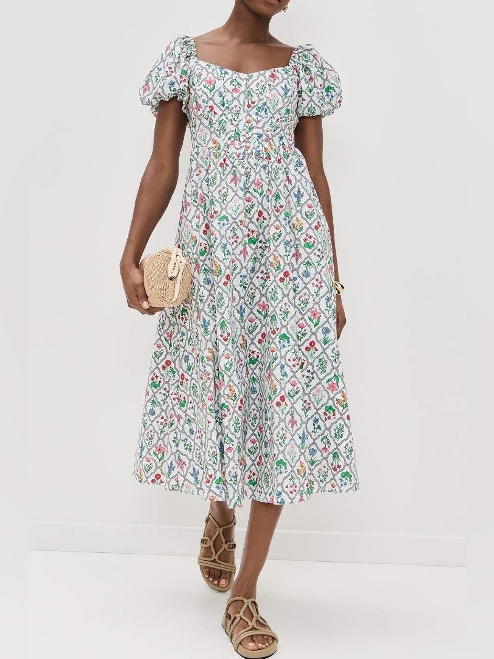 Moon River Puff Sleeve Boned Corset Midi Dress Large Floral Lace Up Back